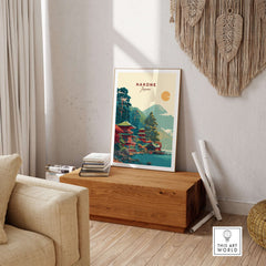 Hakone Japan Lake Ashi Temple Print - Japanese Pagoda Wall Art displayed in a cozy home interior with wooden decor.