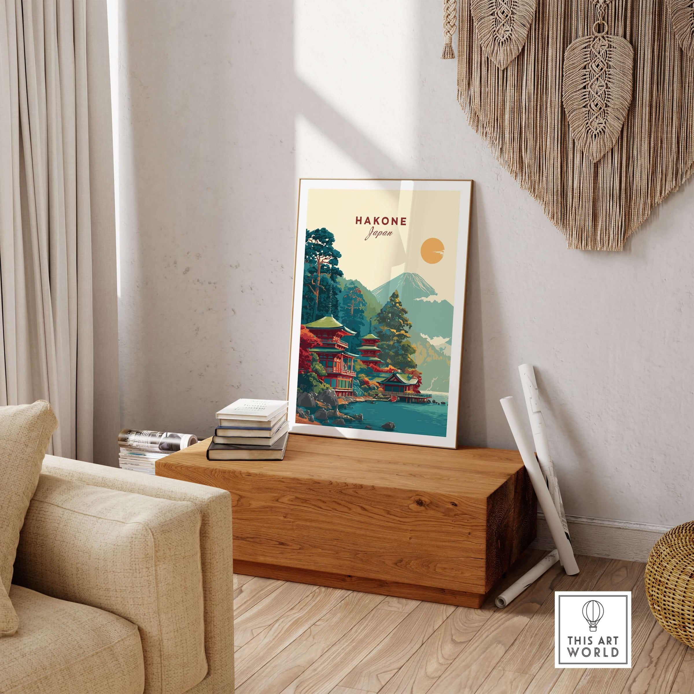 Hakone Japan Lake Ashi Temple Print - Japanese Pagoda Wall Art displayed in a cozy home interior with wooden decor.