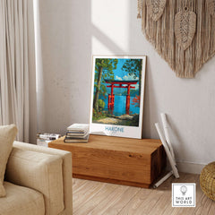 Hakone Japan Iconic Torii Print - Japanese Scenic Landscape Decor displayed in a modern living room.