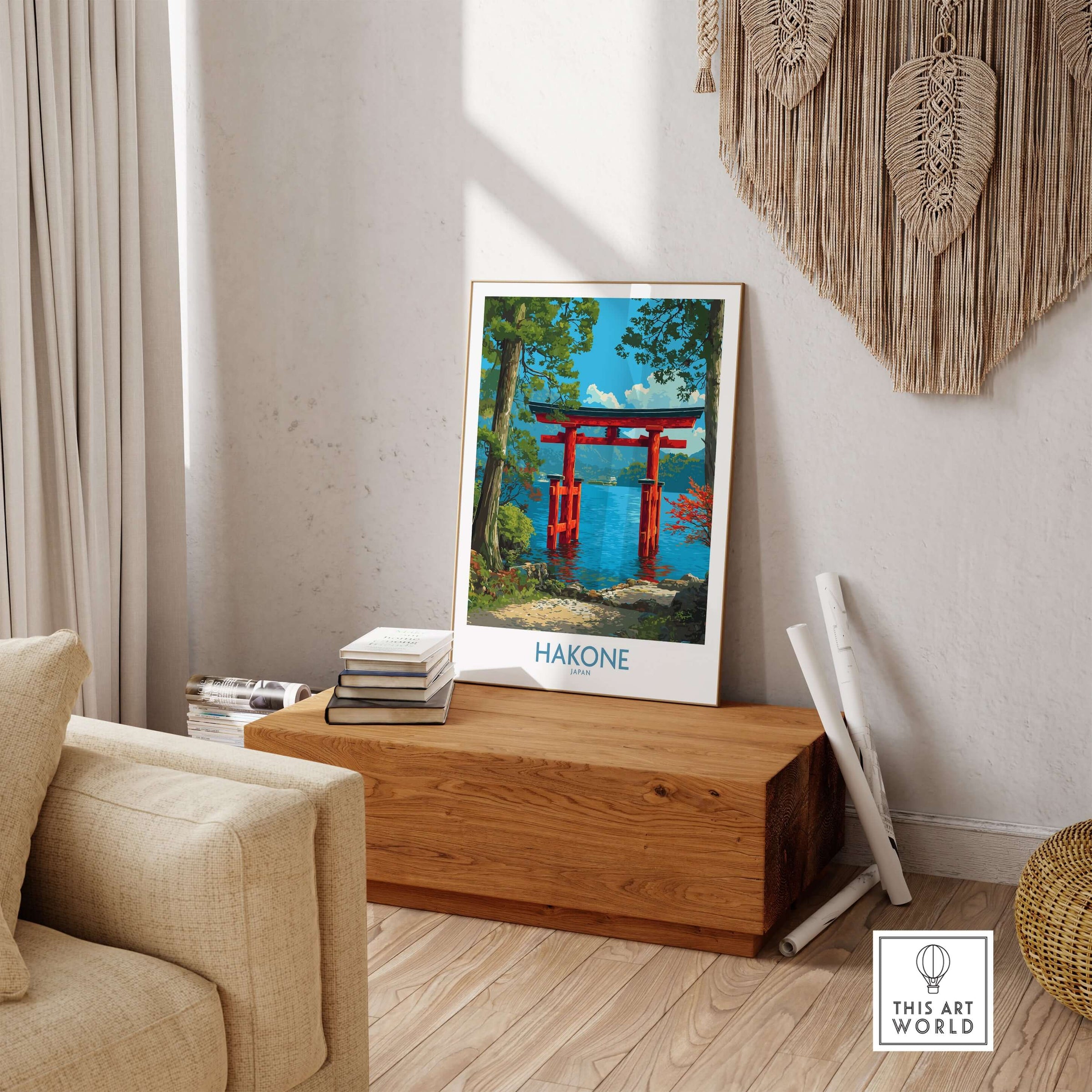 Hakone Japan Iconic Torii Print - Japanese Scenic Landscape Decor displayed in a modern living room.