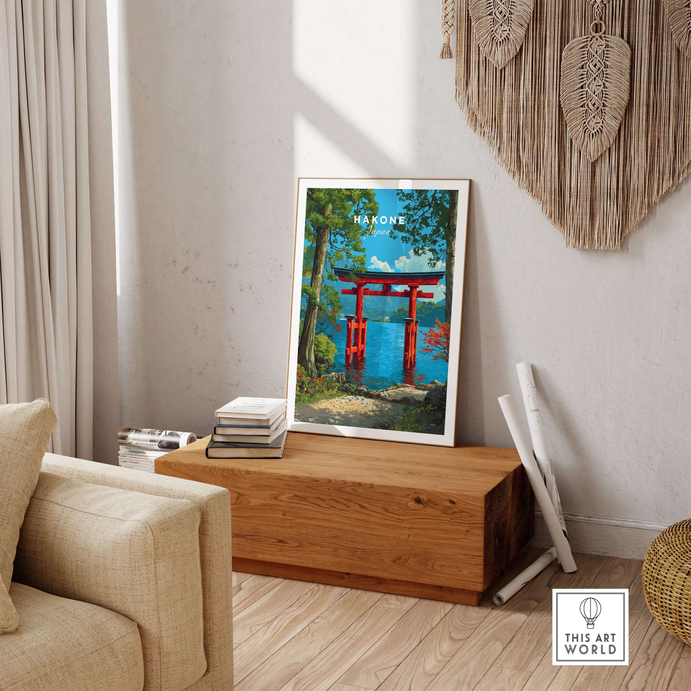 Hakone Japan Lake Ashi Torii Gate Poster - Floating Gate Wall Art displayed in a cozy living room setting.
