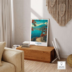 Hakone Japan Lakeside Temple Wall Art - Japanese Nature Travel Decor displayed in a cozy living room setting.