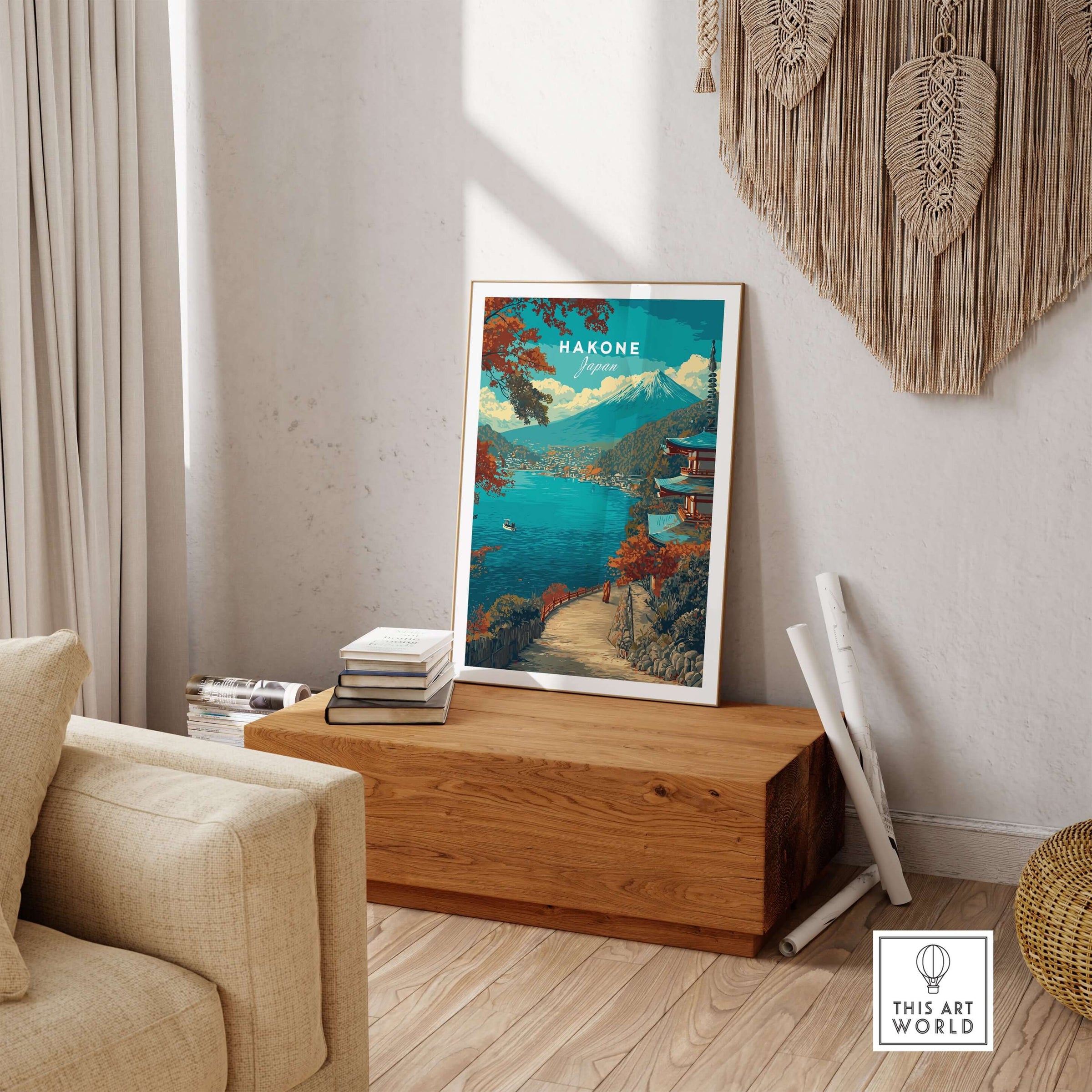 Hakone Print Japan Lake View Pagoda - Mount Fuji Scenic Poster displayed in a cozy living room setting.