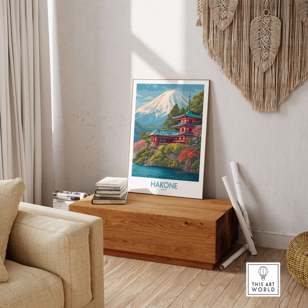 Hakone Japan wall art print showcasing serene landscapes and cultural highlights in a stylish living room setting.