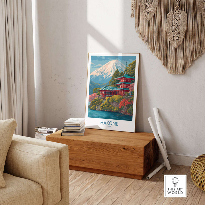 Hakone Japan wall art print showcasing serene landscapes and cultural highlights in a stylish living room setting.