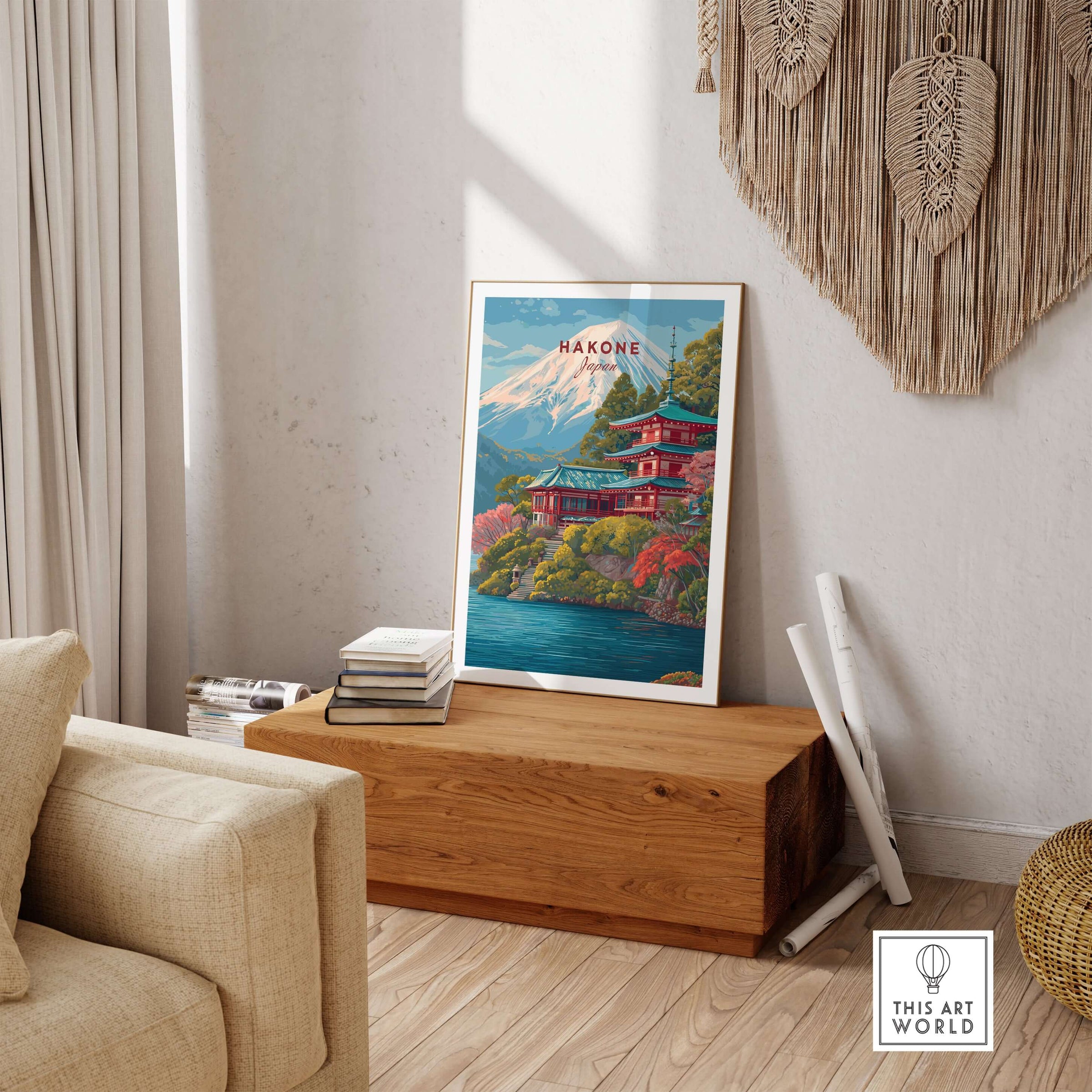 Hakone Japan Print Historic Shrine Lake Ashi Art - Mount Fuji Pagoda Poster displayed in a cozy living room.