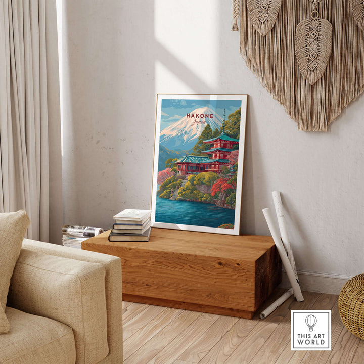 Hakone Japan print featuring historic shrine, Mount Fuji, and lake Ashi, showcased in a cozy living room setting.