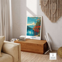 Hakone Wall Art Japan Red Torii Gate Poster showcasing serene landscape with mountains and vibrant red gate.