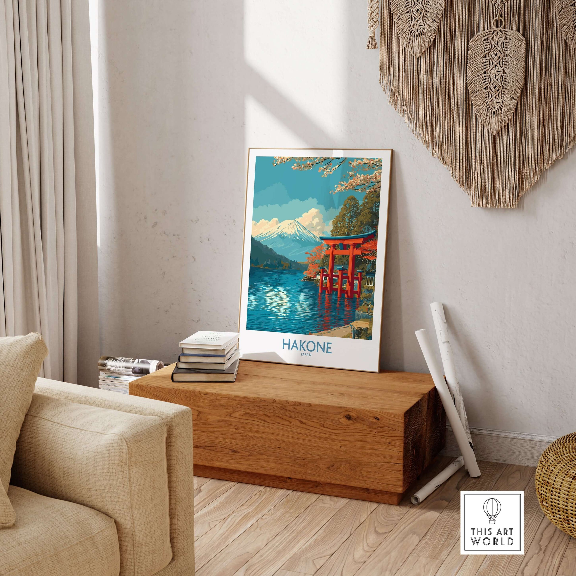 Hakone Wall Art Japan Red Torii Gate Poster showcasing serene landscape with mountains and vibrant red gate.