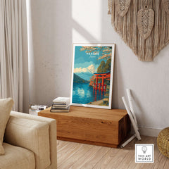 HakonePrint Japan Peace Shrine Torii Artwork - Mount Fuji Lake Ashi Poster displayed in a cozy interior setting.