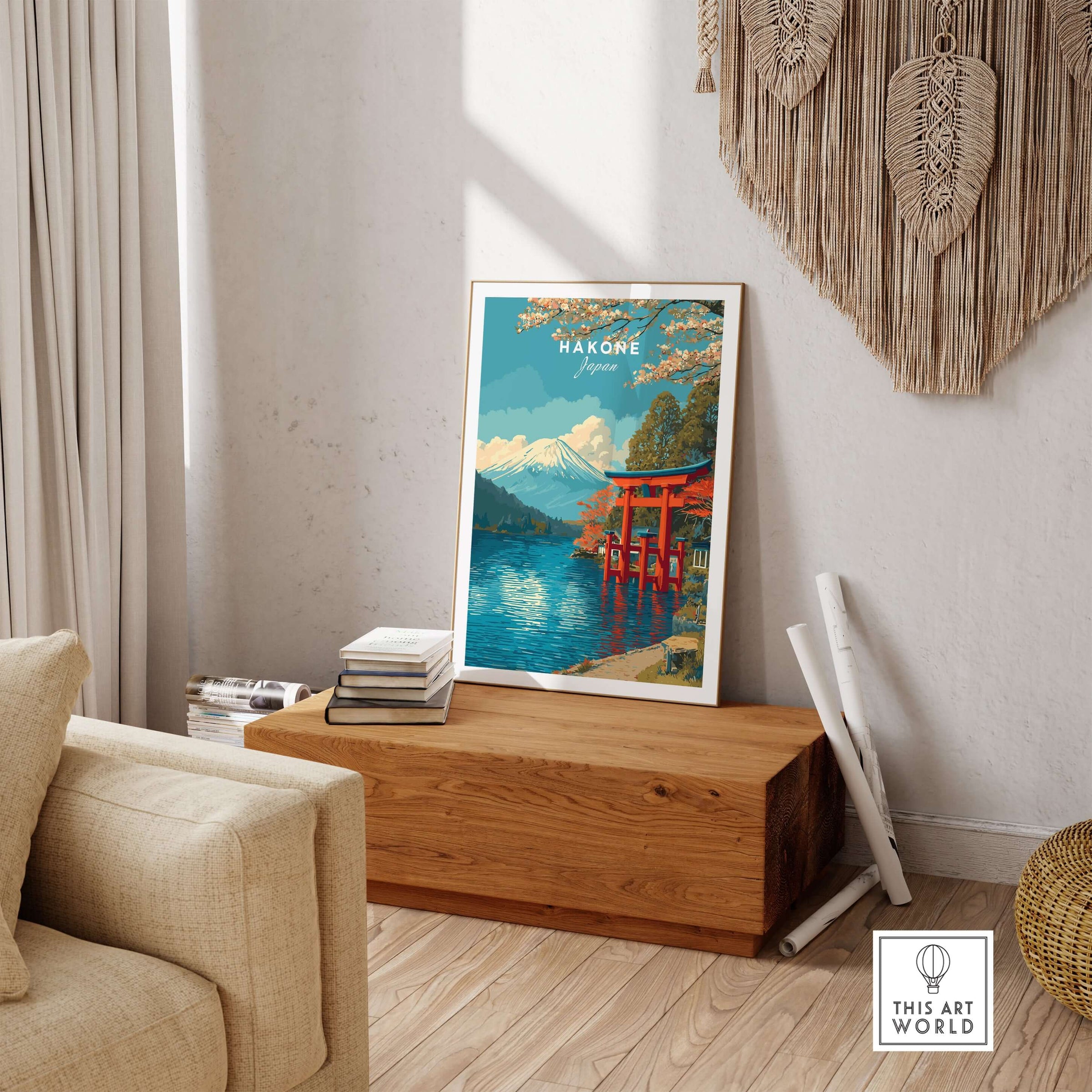 HakonePrint Japan Peace Shrine Torii Artwork - Mount Fuji Lake Ashi Poster displayed in a cozy interior setting.