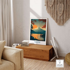 Hakone Japan Wall Art Lake Ashi Print - Japanese Spiritual Poster on display in a serene indoor setting.