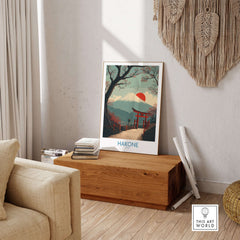 Hakone Japan Peace Gate Shrine Wall Art - Autumn Cherry Blossom Decor displayed in a cozy living room setting.
