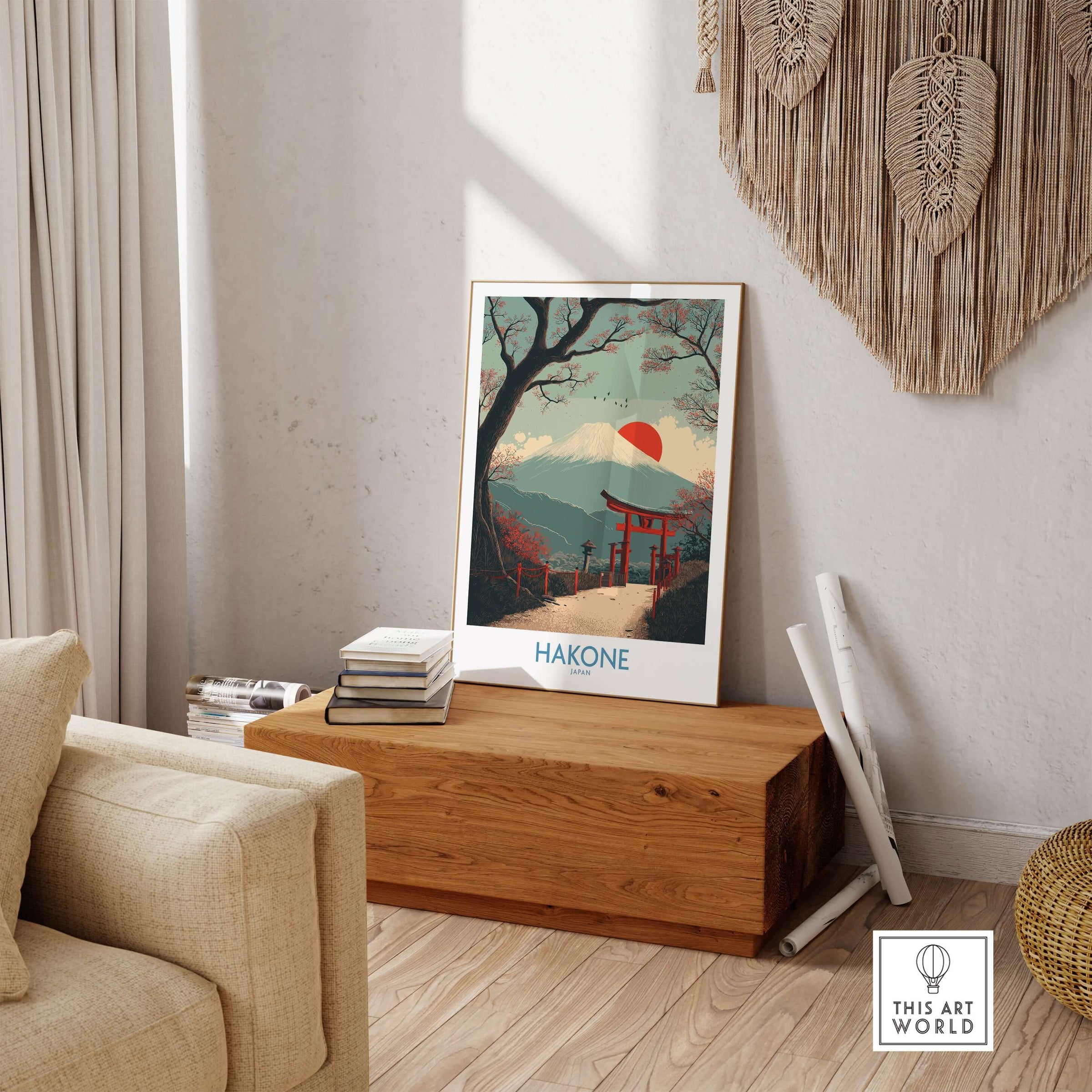 Hakone Japan Peace Gate Shrine Wall Art - Autumn Cherry Blossom Decor displayed in a cozy living room setting.