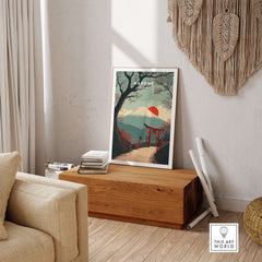 Hakone Japan Torii Gate Mount Fuji Print - Iconic Japanese Poster displayed in a cozy living room setting.