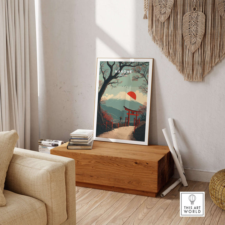 Hakone Japan Torii Gate and Mount Fuji print displayed in a stylish interior, capturing Japanese cultural beauty.
