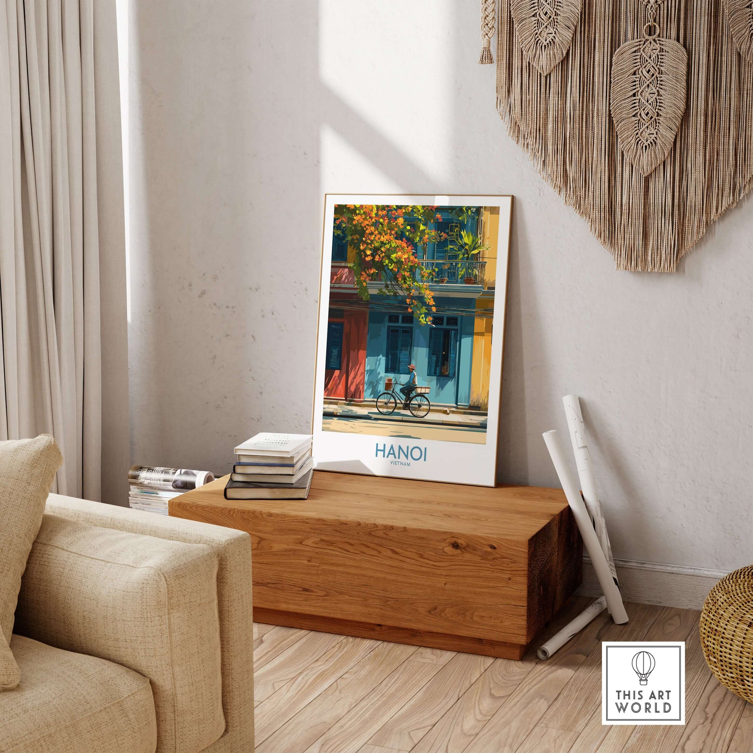 Hanoi Poster - Vietnam Wall Art displayed in a cozy living room setting with wooden decor.
