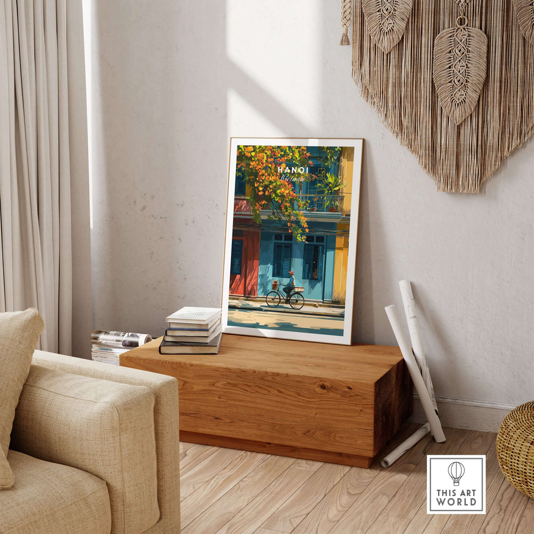 Vibrant Hanoi Vietnam print featuring a cyclist and colorful buildings in a stylish living room setting.