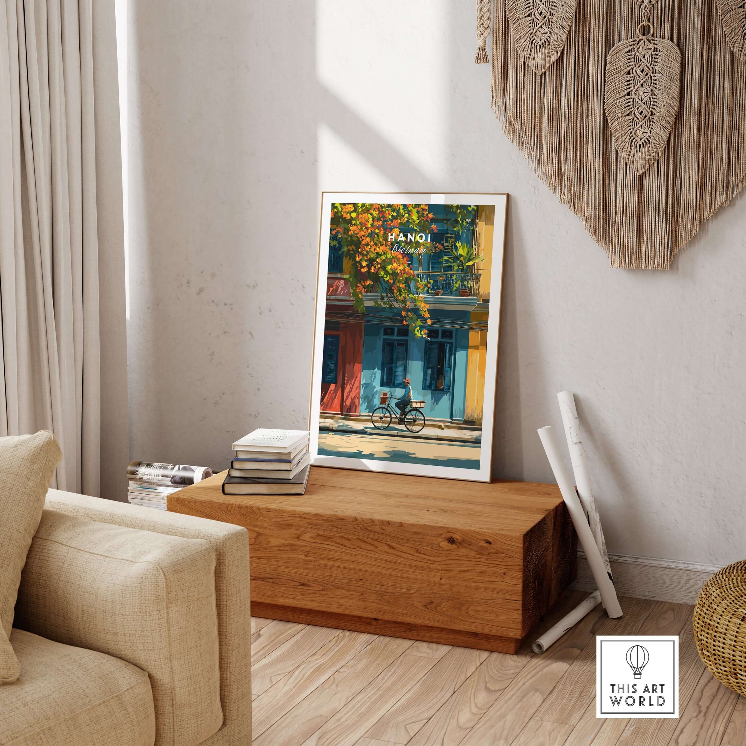 Hanoi Vietnam Print - Vibrant Hanoi Wall Art featuring colorful buildings and a cyclist in a cozy interior.