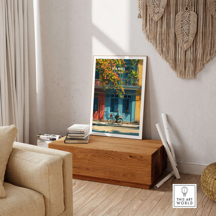Vibrant Hanoi Vietnam print featuring a cyclist and colorful buildings in a stylish living room setting.