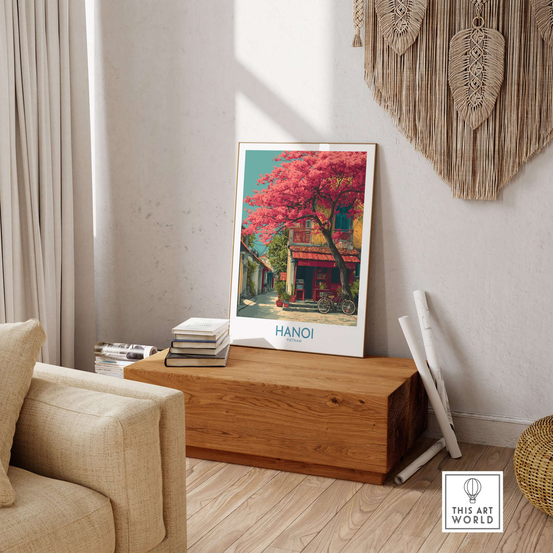 Hanoi Vietnam poster showcasing historic architecture and vibrant cherry blossoms in stylish home decor.