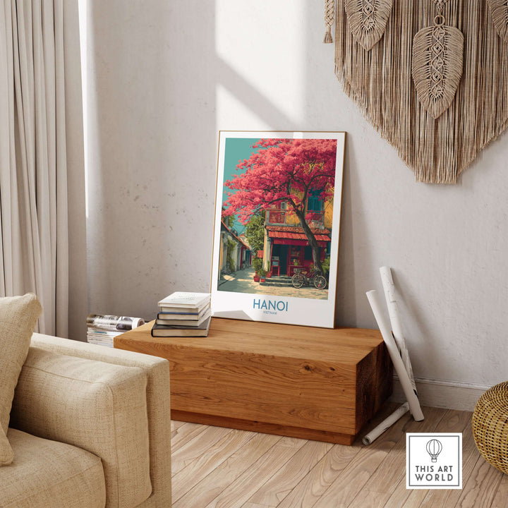 Hanoi Vietnam poster showcasing historic architecture and vibrant cherry blossoms in stylish home decor.