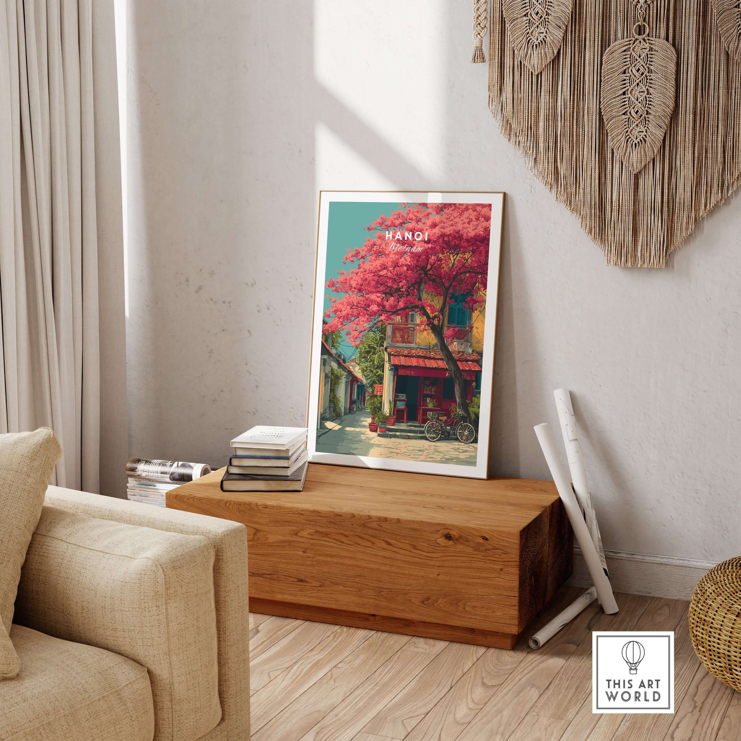 Hanoi Vietnam Print Cherry Blossom Street - Colorful City Wall Art displayed in a stylish modern interior setting.