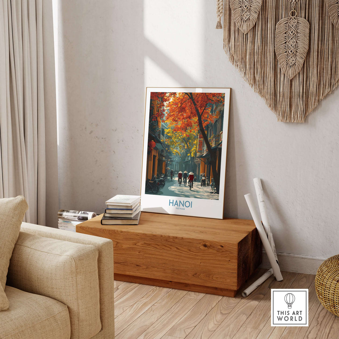 Hanoi wall art depicting traditional Vietnamese life in the Old Quarter, vibrant autumn scene interior decor.