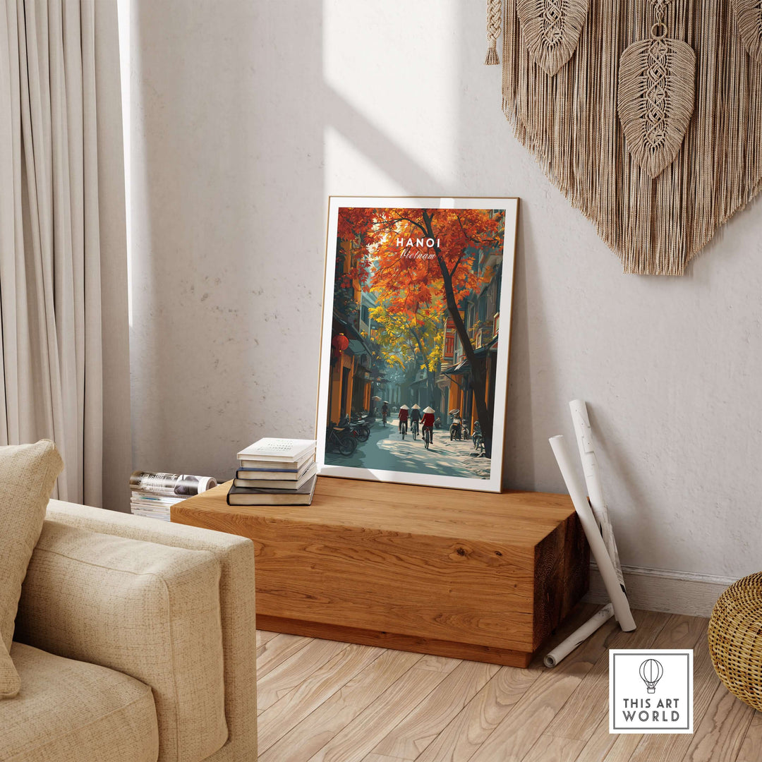 Hanoi poster featuring vibrant street scene with autumn leaves, perfect for home decor and urban art lovers.