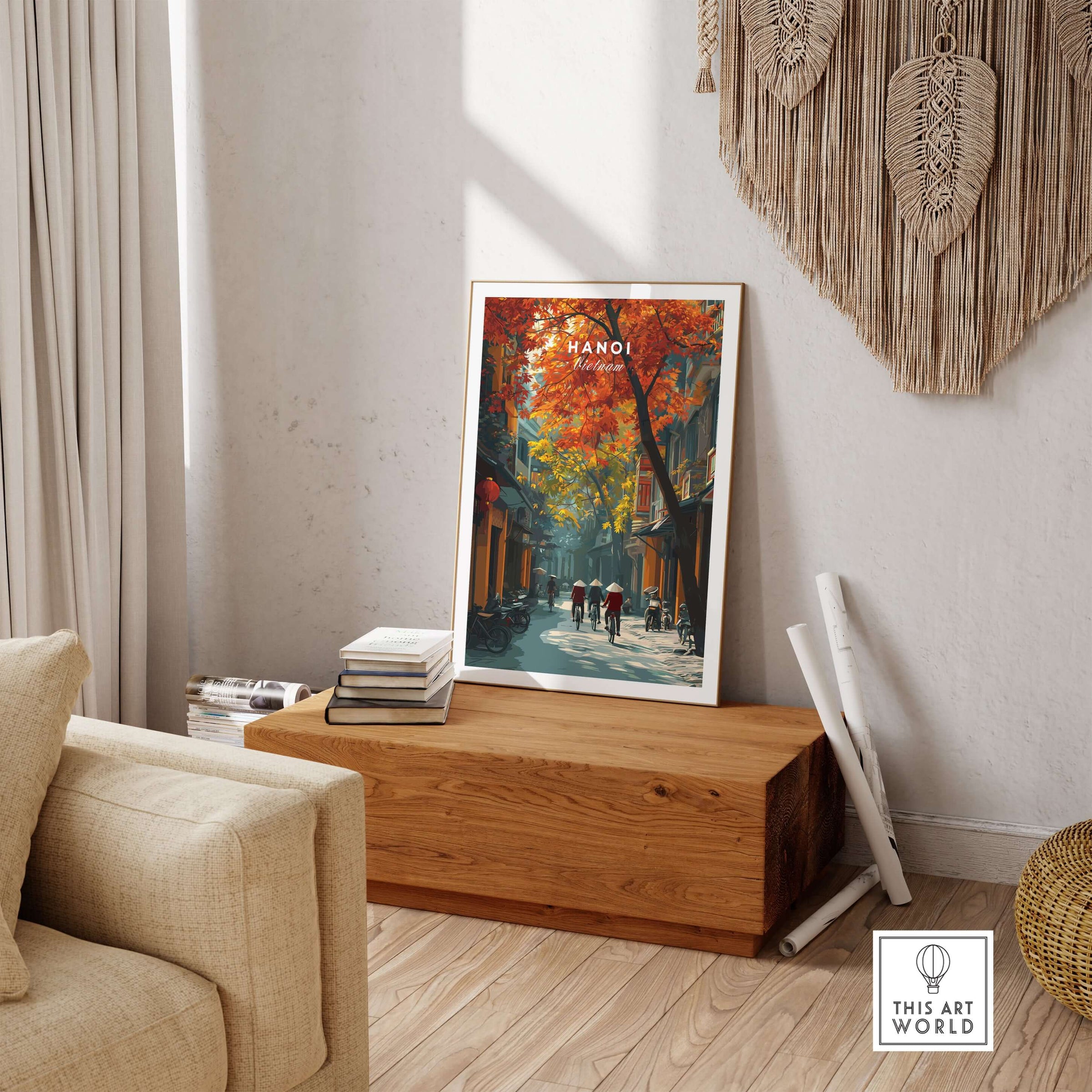 Hanoi Poster  Vietnam- Iconic City Street Print showcasing vibrant street life in Hanoi's autumn colors.