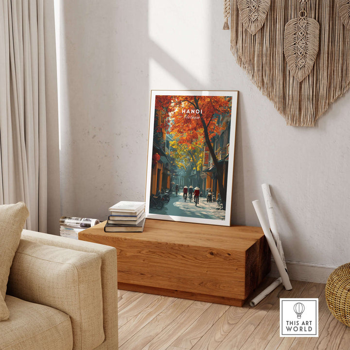 Hanoi poster featuring vibrant street scene with autumn leaves, perfect for home decor and urban art lovers.