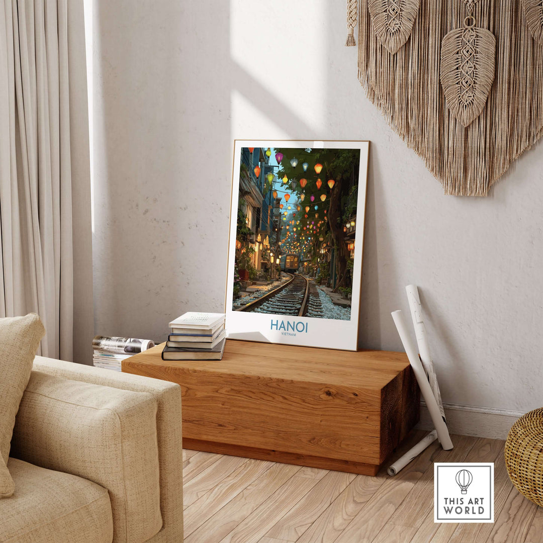 Hanoi Train Street wall art print showcasing vibrant lanterns in a cozy home setting.