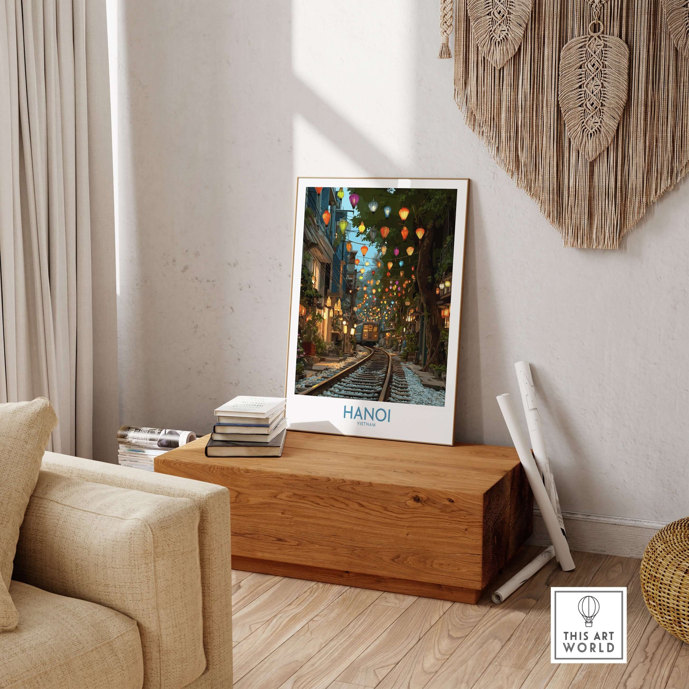 Hanoi Vietnam Train Street Wall Art - Hanoi Travel Print displayed in a cozy living room setting with warm decor.