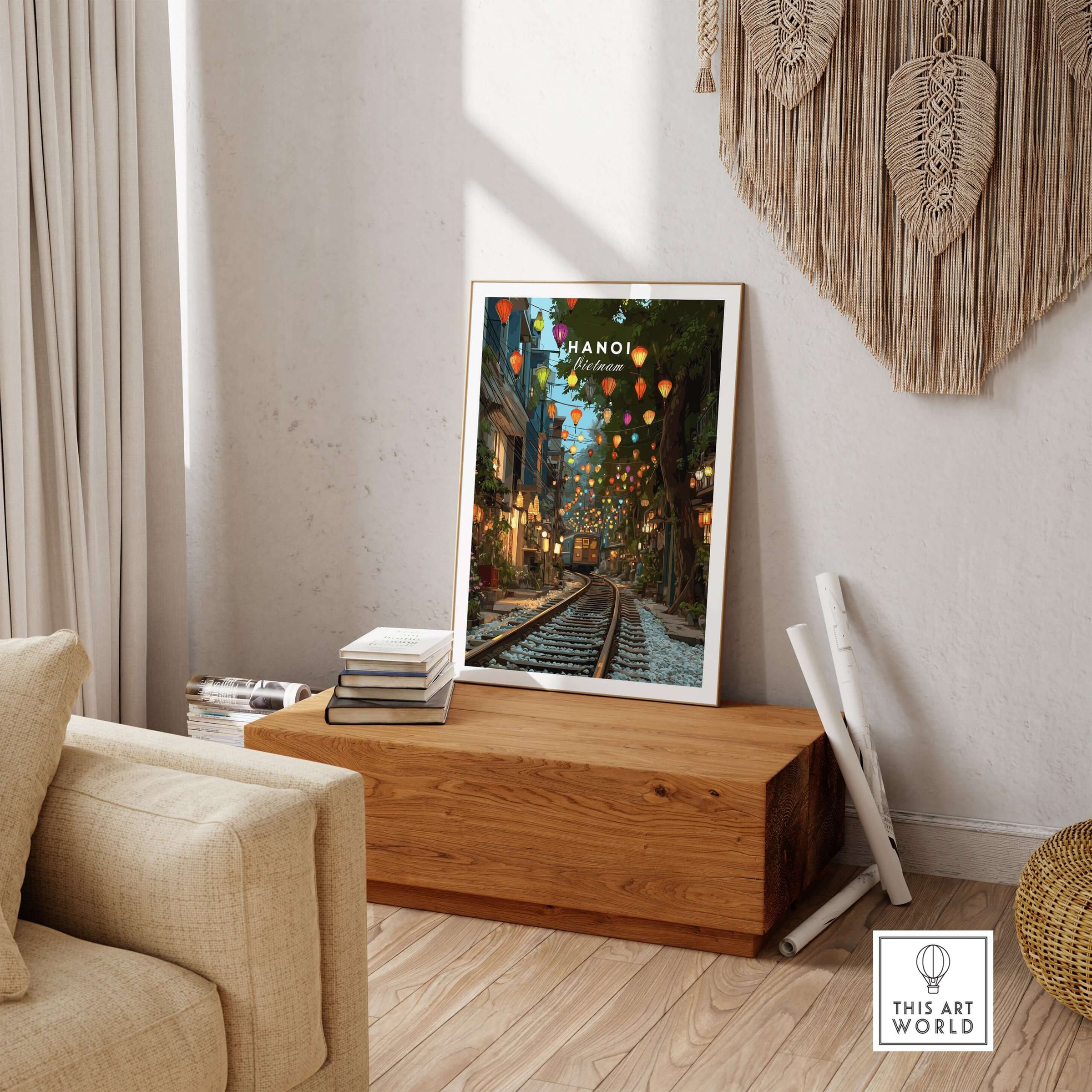 Hanoi Vietnam Train Street Print - Hanoi Poster displayed in a cozy living room with beautiful lighting.