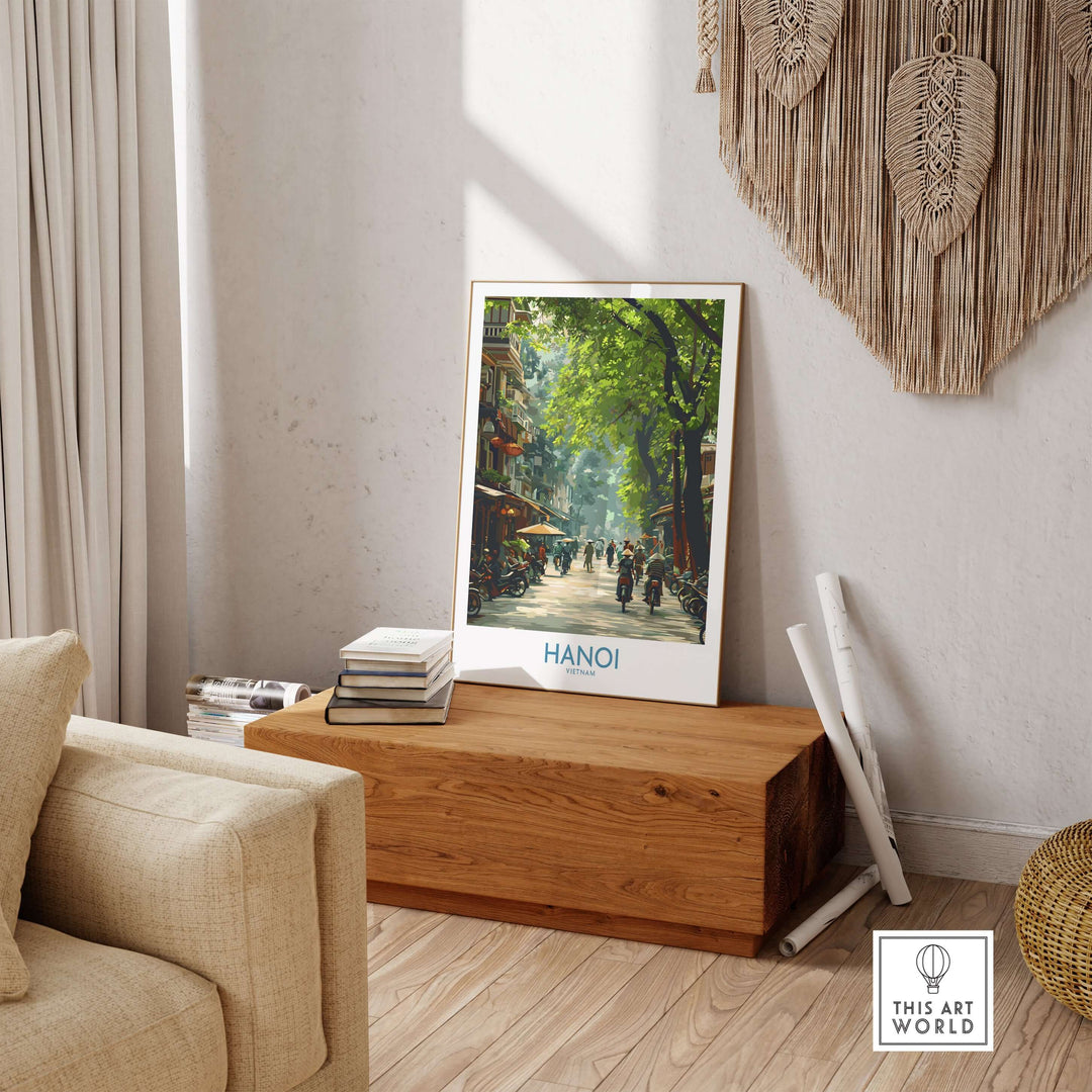 Hanoi Vietnam street wall art poster displayed in a cozy living room setting, showcasing vibrant street life.
