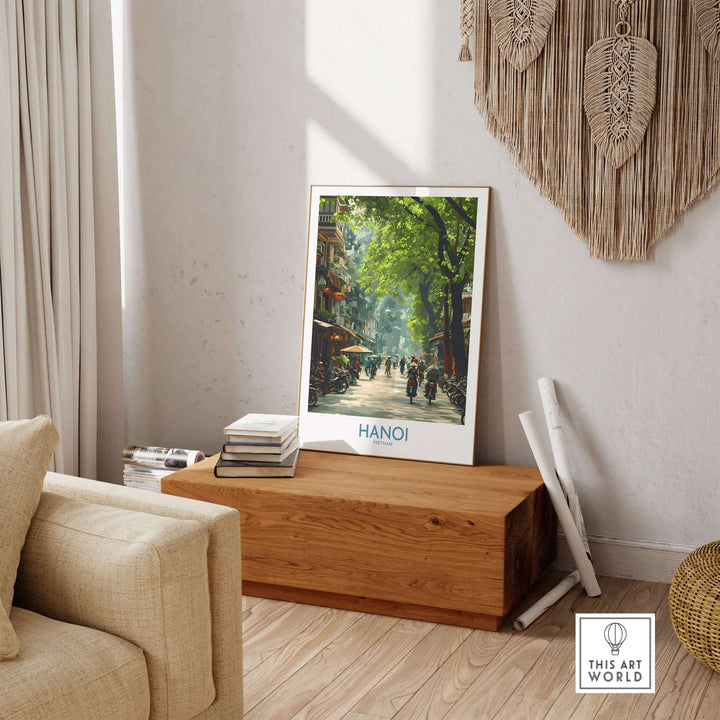 Hanoi Vietnam street wall art poster displayed in a cozy living room setting, showcasing vibrant street life.