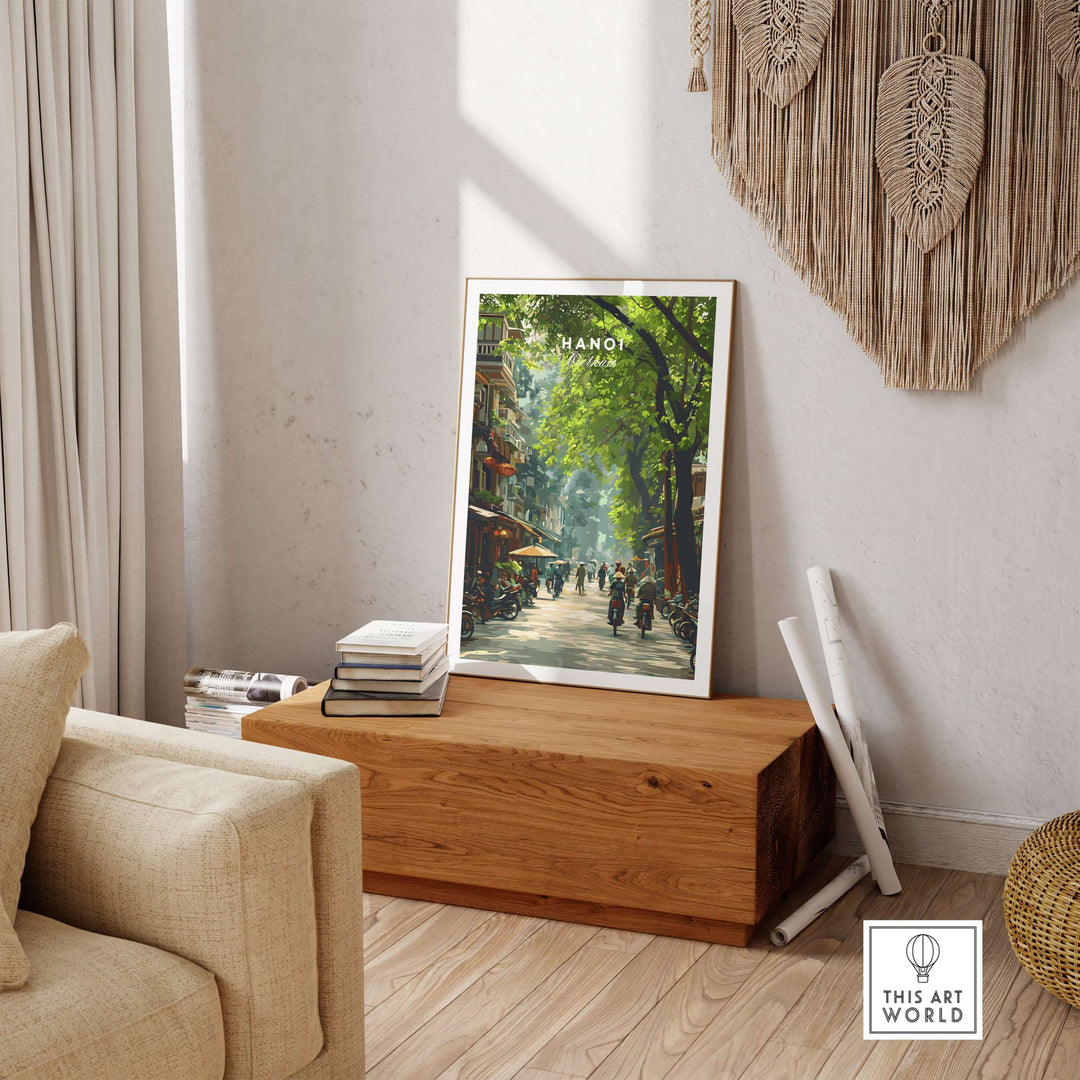 Hanoi Vietnam poster showing vibrant city street scene in a stylish interior setting, capturing urban energy.