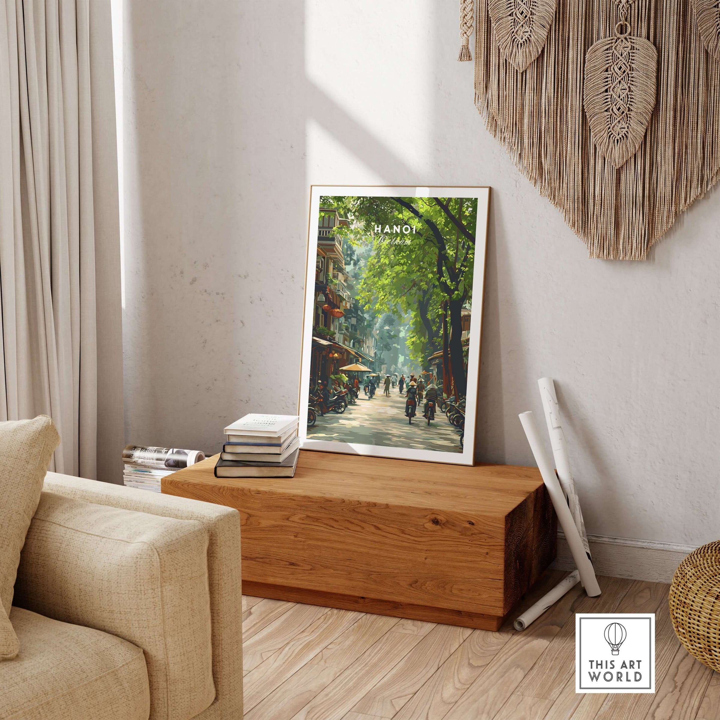 Hanoi Vietnam Poster - City Street Scene Print displayed in a cozy living room setting with a wooden box.