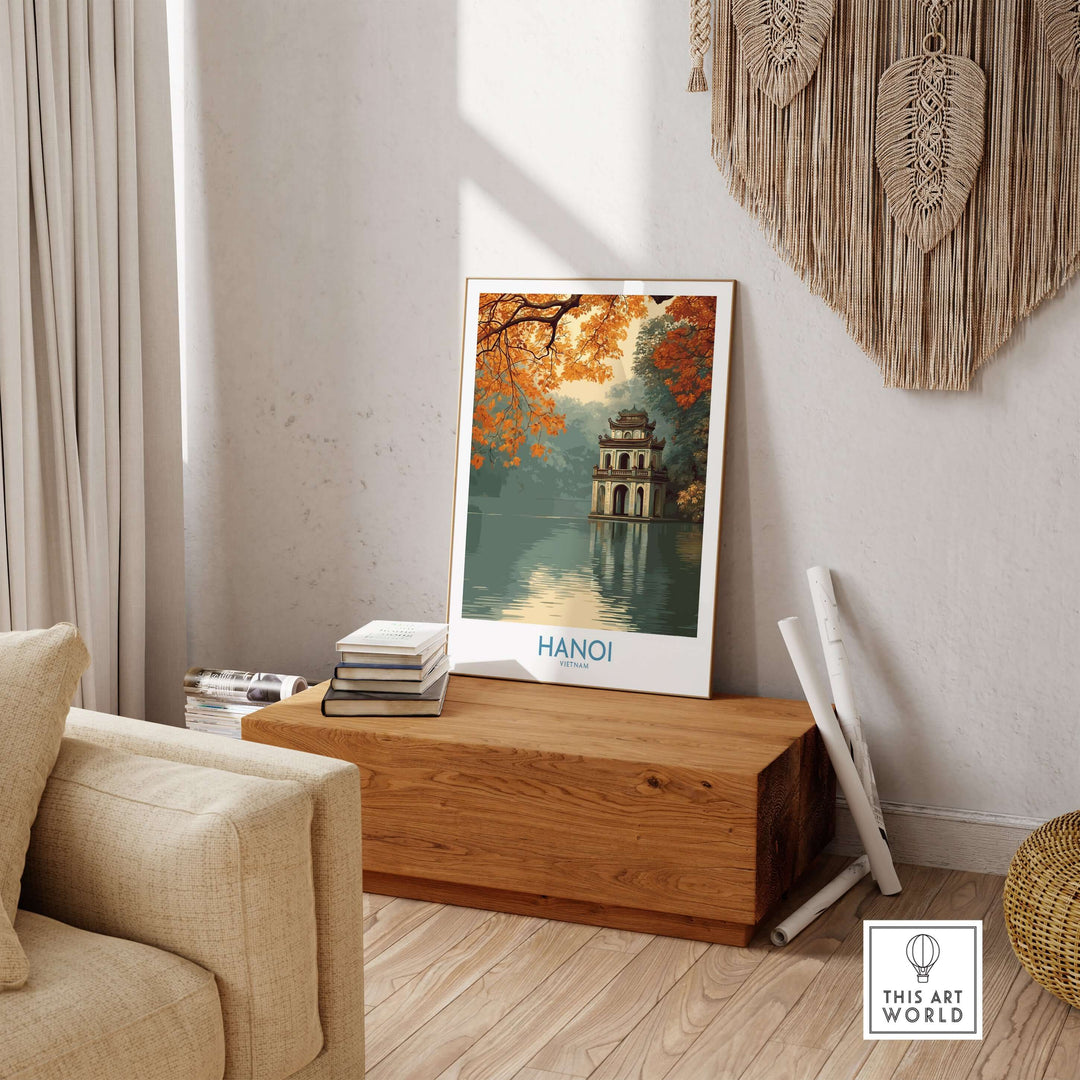 Hanoi Turtle Tower wall art displayed in a cozy living room, showcasing iconic Vietnamese landmark decor.