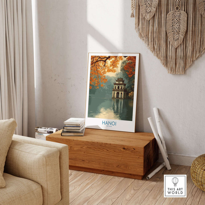 Hanoi Turtle Tower wall art displayed in a cozy living room, showcasing iconic Vietnamese landmark decor.