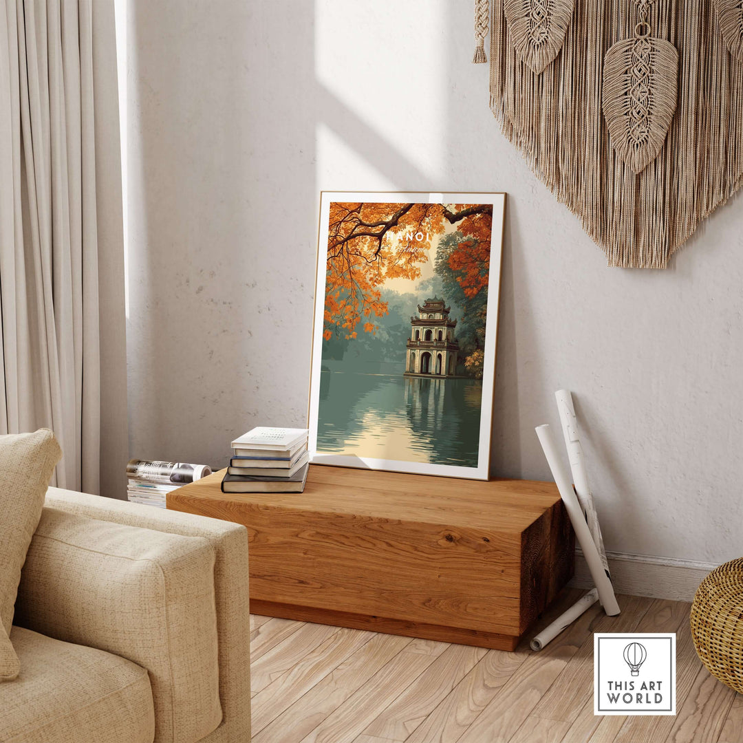 Hanoi Vietnam poster featuring Hoan Kiem Lake Temple, showcasing serene waters and autumn foliage in a home setting.
