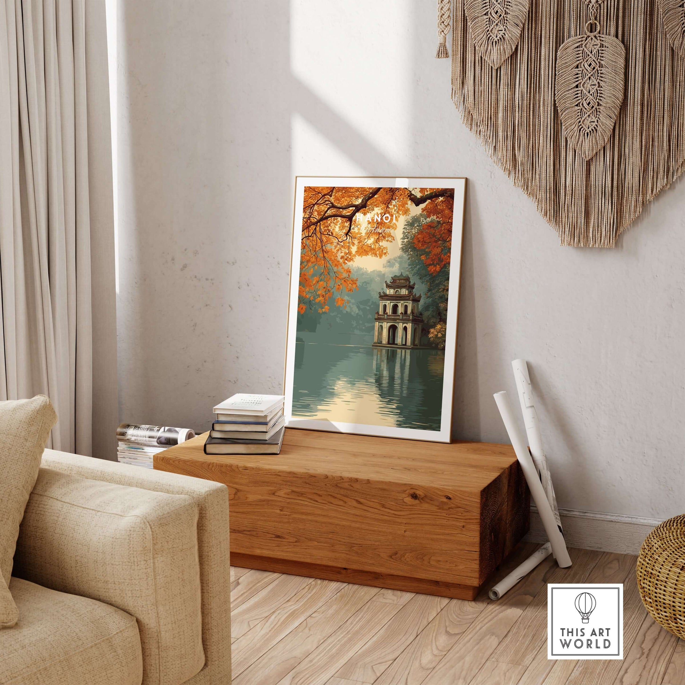 Hanoi Vietnam Poster - Hoan Kiem Lake Temple Print displayed in a cozy living room setting.