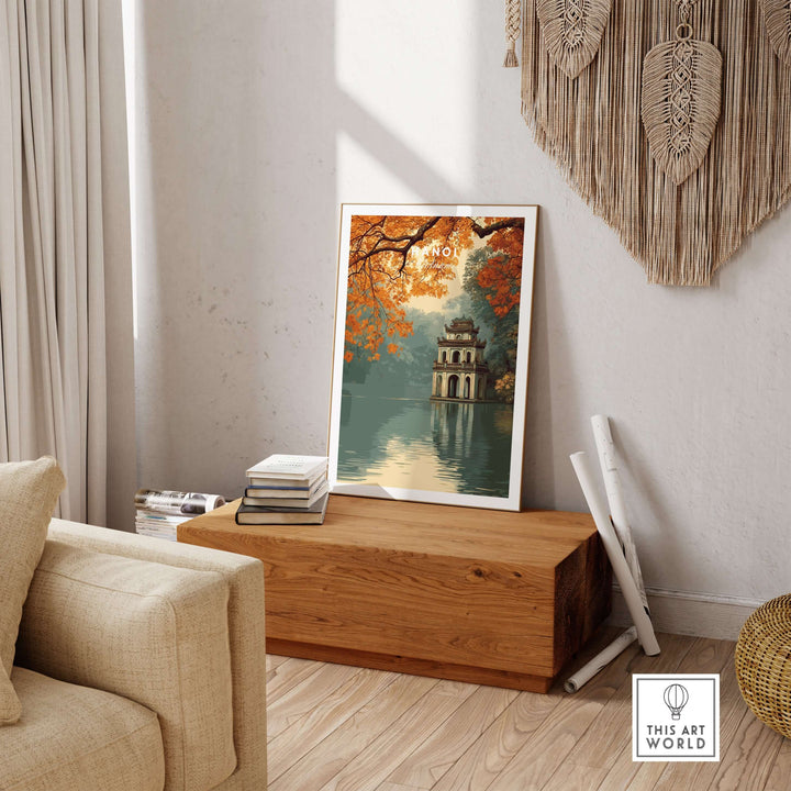 Hanoi Vietnam poster featuring Hoan Kiem Lake Temple, showcasing serene waters and autumn foliage in a home setting.