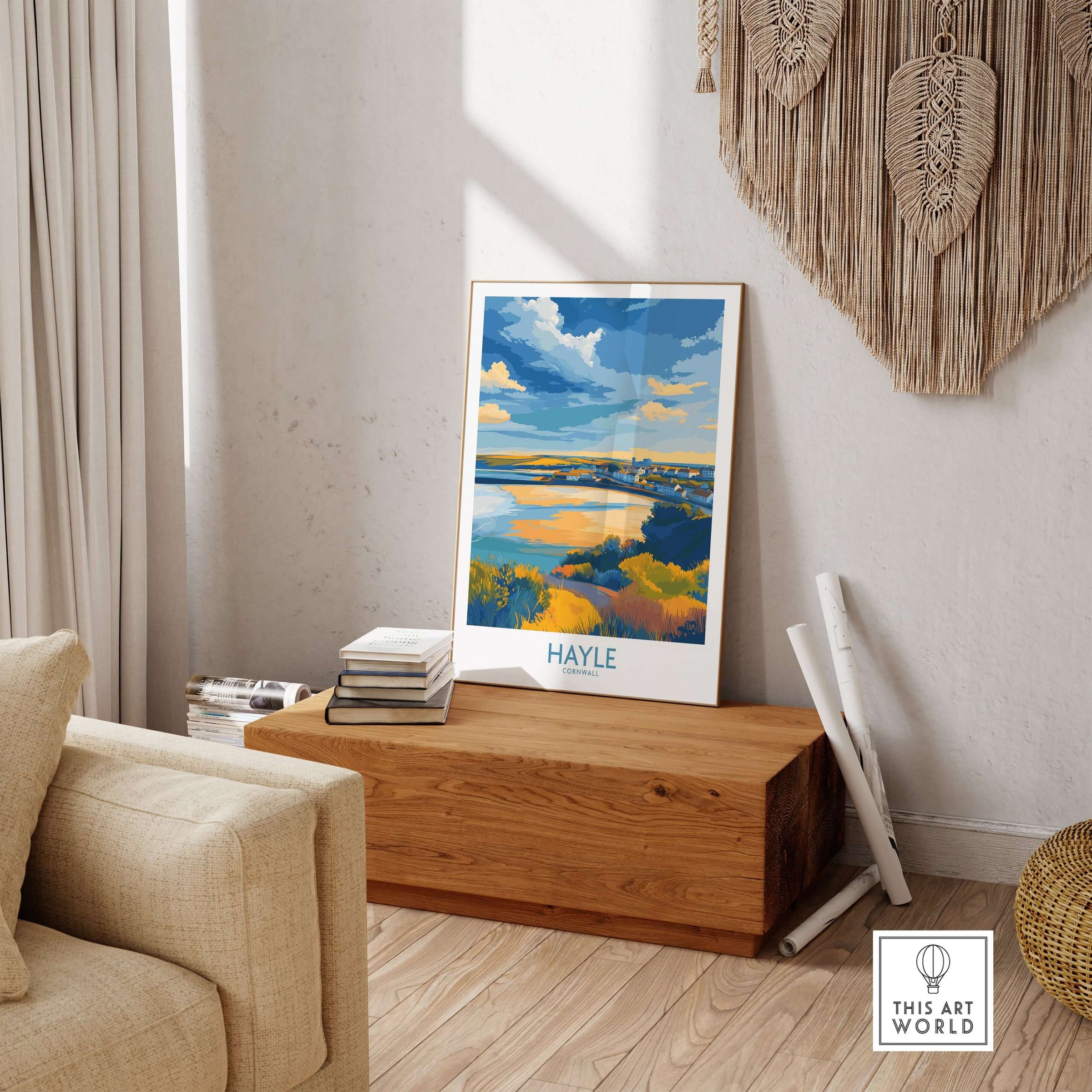 Hayle Estuary Panorama Wall Art - Cornish Travel Poster displayed in a cozy living room setting with natural decor.