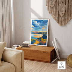 Hayle Cornwall Poster - UK Coastal Landscape Print displayed in a stylish living room setting with natural decor.