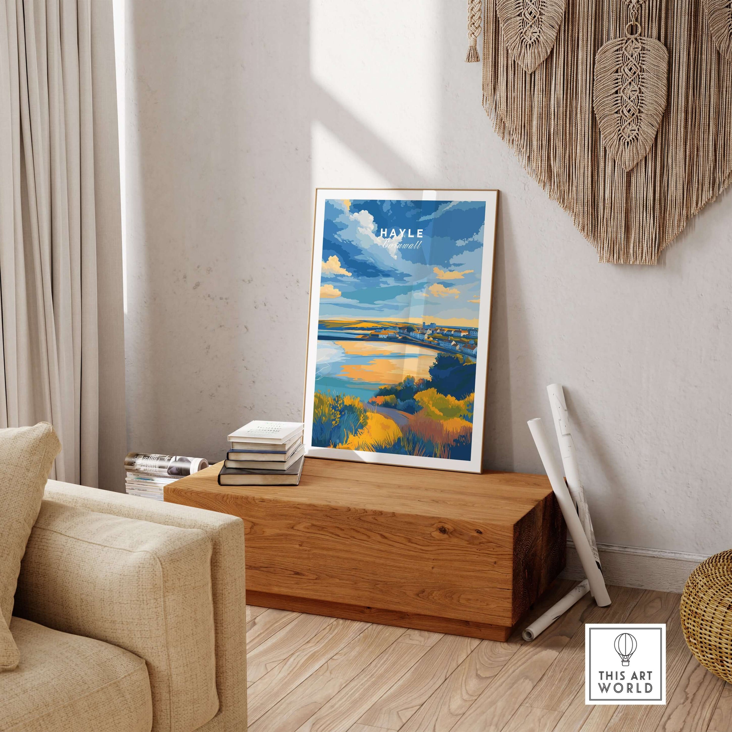 Hayle Cornwall Poster - UK Coastal Landscape Print displayed in a stylish living room setting with natural decor.