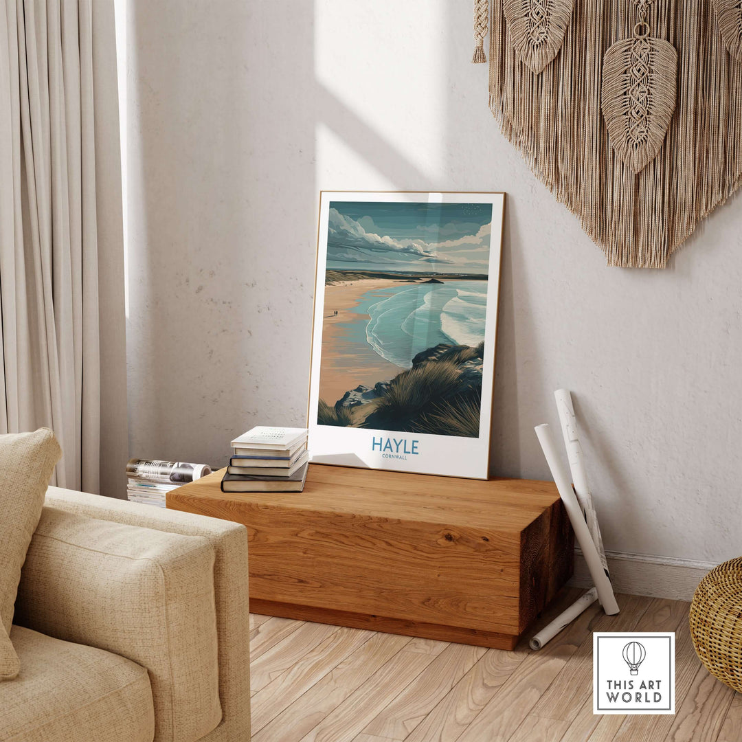 Hayle Sandy Beach Poster displayed in a cozy living room, showcasing Cornwall's serene beach and tranquil waves.