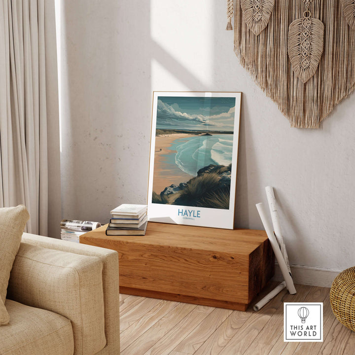 Hayle Sandy Beach Poster displayed in a cozy living room, showcasing Cornwall's serene beach and tranquil waves.