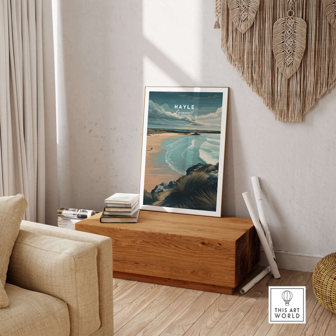 Hayle Cornwall coastal beach print showcasing serene cliffs and ocean views, elegantly displayed in a modern living space.