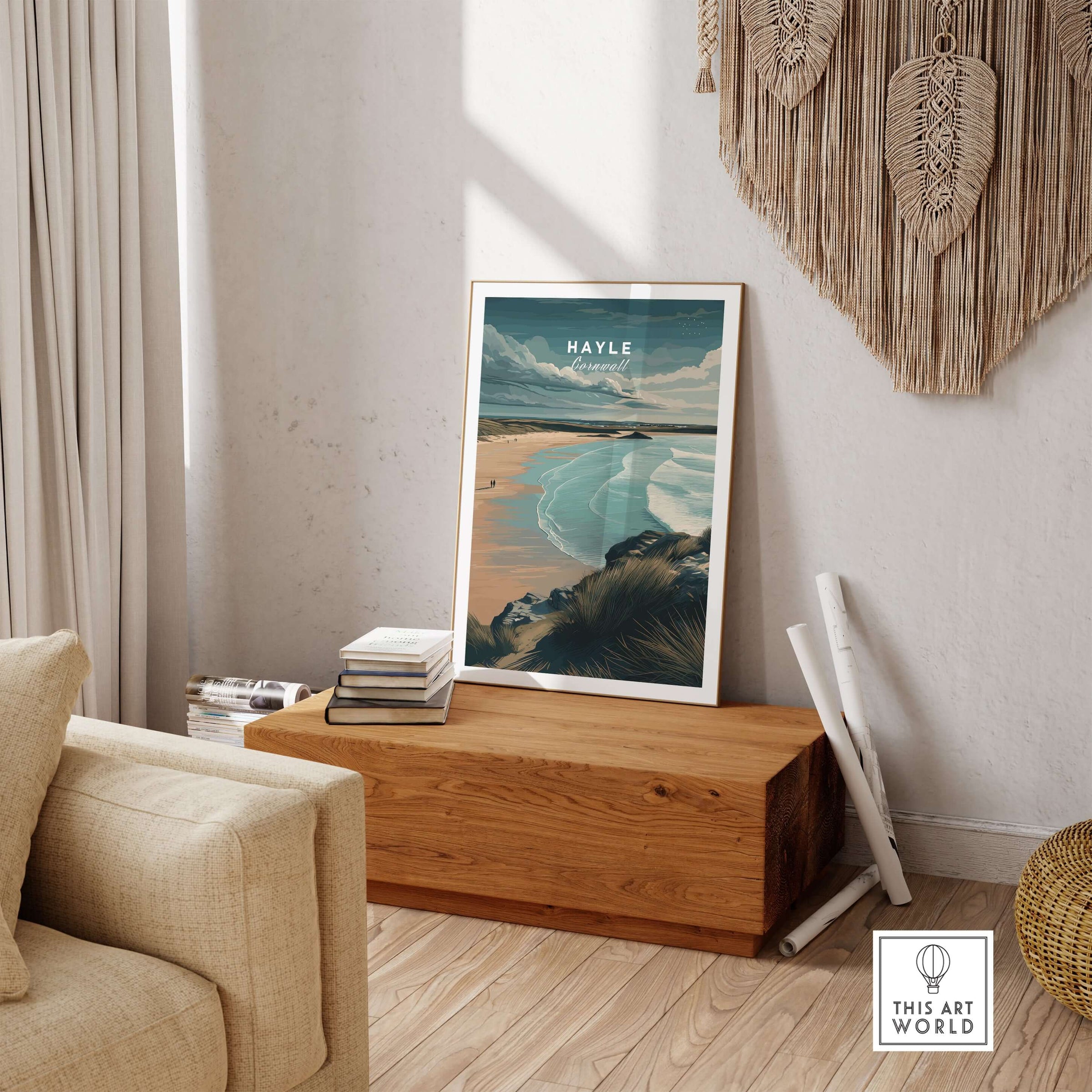 Hayle Cornwall Coastal Beach Print - Seaside Cliffs Wall Art displayed in a cozy living room setting.
